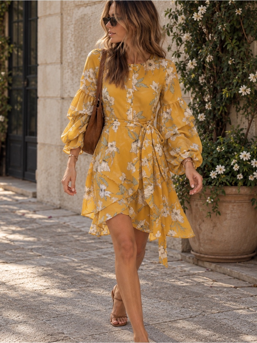 JOA Yellow Floral Long Sleeve Belted Wrap Mini Dress S